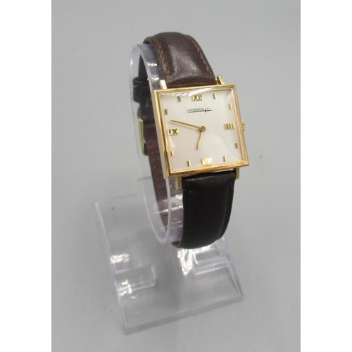 1020 - Moeris 18ct gold square cased wristwatch, signed brushed silvered dial, applied baton and Arabic ind... 