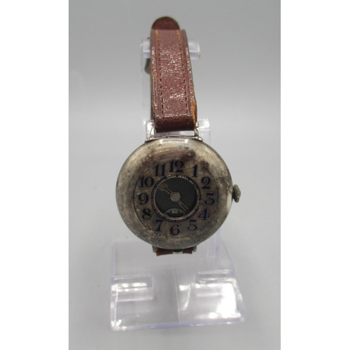 1022 - Swiss WWI period silver half hunter trench wristwatch, blue enamel Arabic chapter ring, stepped blac... 