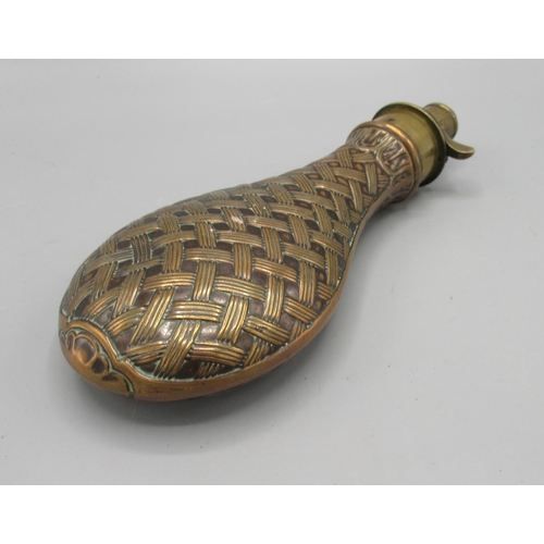 1300 - James Dixon & Sons Sheffield Victorian powder flask, copper basket weave effect body with brass top,... 