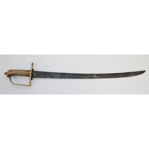 185 - French Grenadiers Napoleonic era brass handle sword. Grenadier symbol engraved on blade, with other ... 