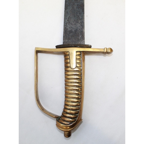 185 - French Grenadiers Napoleonic era brass handle sword. Grenadier symbol engraved on blade, with other ... 