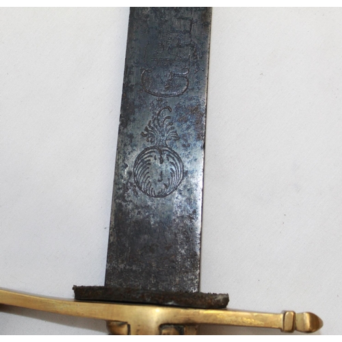 185 - French Grenadiers Napoleonic era brass handle sword. Grenadier symbol engraved on blade, with other ... 