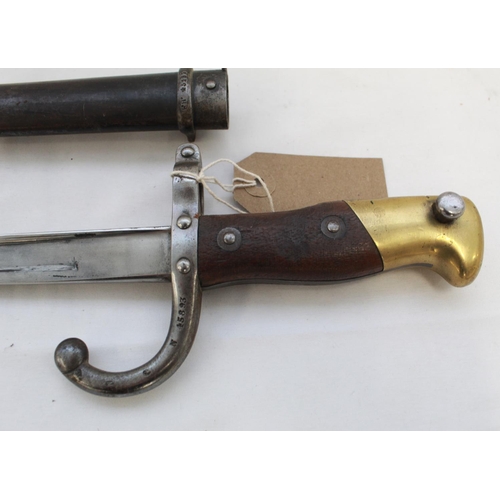 296 - French M1874 bayonet dated 1879 to blade, with different scabbard. Blade serial no. 45893, scabbard ... 