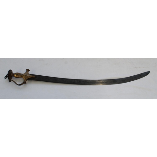 257 - C19th Indian Tulwar Sword. Single edge curved blade (no markings) 76cm, hilt nicely decorated in gil... 