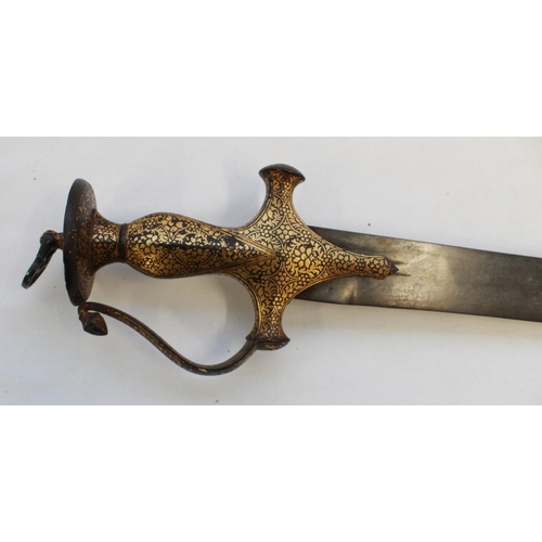 257 - C19th Indian Tulwar Sword. Single edge curved blade (no markings) 76cm, hilt nicely decorated in gil...