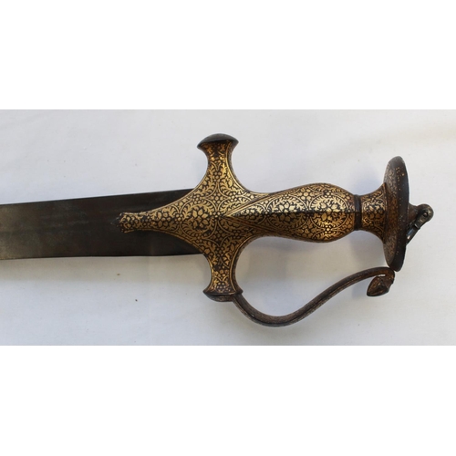 257 - C19th Indian Tulwar Sword. Single edge curved blade (no markings) 76cm, hilt nicely decorated in gil... 