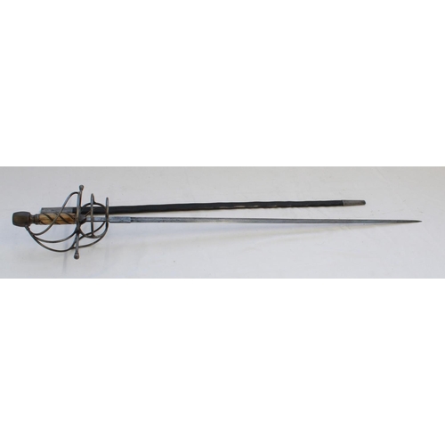 258 - Quality copy of a C17th style rapier. Bone handle and heavy steel pommel with large steel basket and... 