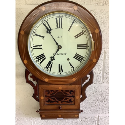 691 - Victorian inlaid walnut drop dial wall clock, Roman dial signed Kay Worcester, twin train movement w... 