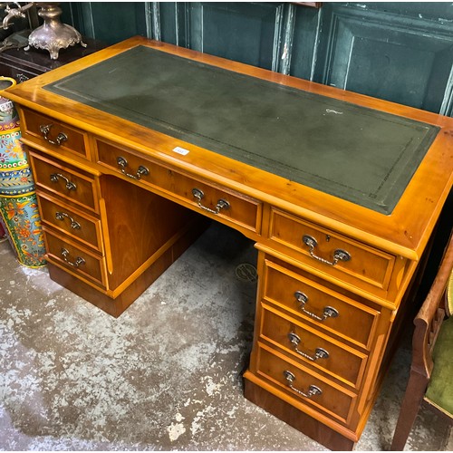 592 - George 111 style yew kneehole desk with inset top W122cm D61cm H78cm and an Edwardian mahogany arm c... 