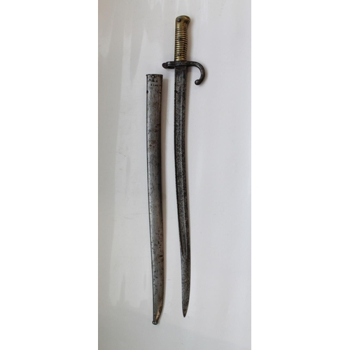 325 - French M1866 Chassepot Bayonet, complete with steel scabbard, with indistinct numbers. Blade L57cm