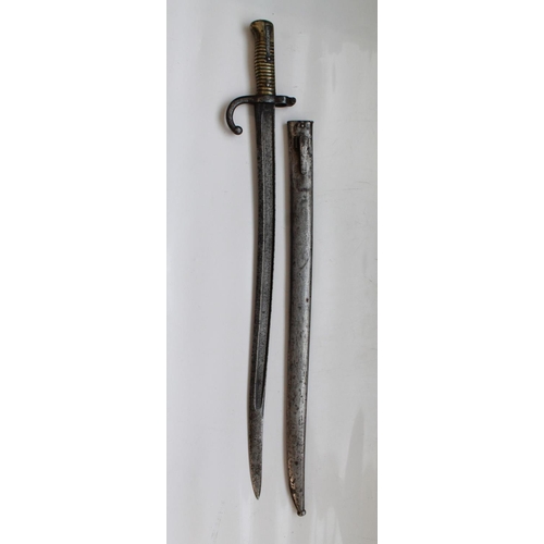 325 - French M1866 Chassepot Bayonet, complete with steel scabbard, with indistinct numbers. Blade L57cm