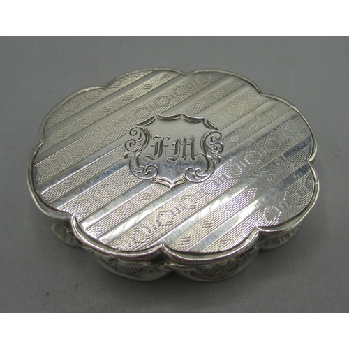 1063 - Victorian silver vinaigrette in oval form with bands of engine turned pattern, monogrammed cartouche... 