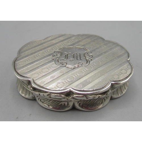 1063 - Victorian silver vinaigrette in oval form with bands of engine turned pattern, monogrammed cartouche... 