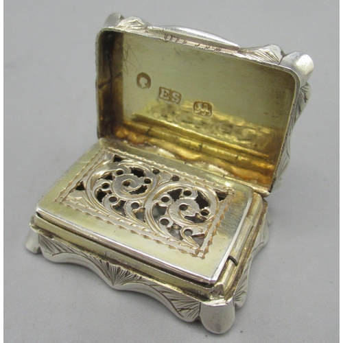 1077 - Victorian silver vinaigrette engraved with scrolling patterns, a monogrammed cartouche and a serpent... 