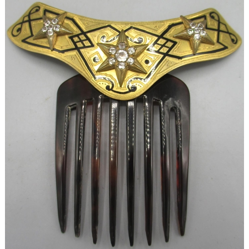 1009 - Victorian hair slide with gilt metal mount hinged to the comb decorated with black enamel and raised... 