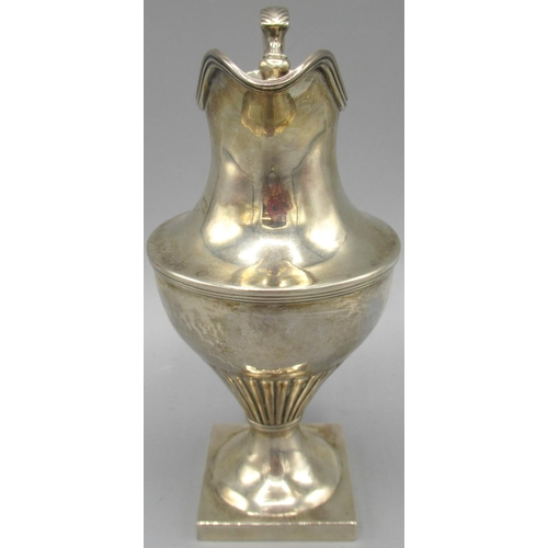 1057 - George III silver jug with square foot, part lobed urn style body and sweeping handle, London, 1805,... 