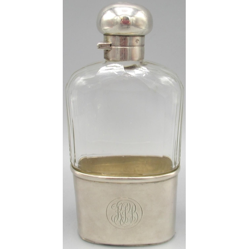 1072 - George V cut glass and silver hip flask, with silver mounted hinged lid, removable stirrup cup with ... 