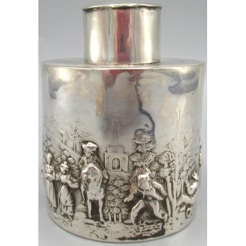 1073 - Edwardian silver tea caddy, cylindrical body decorated in a repousse country scene with figures and ... 