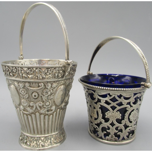 1050 - Victorian silver basket with pierced bands of floral decoration to the rim and base, scrolling and f... 