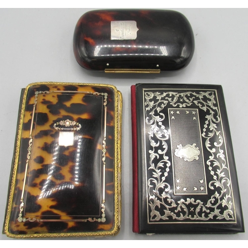 1104 - Tortoiseshell needle case with rose gold pique border decoration and vacant cartouche, a black needl... 