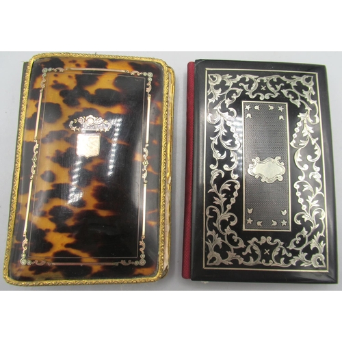 1104 - Tortoiseshell needle case with rose gold pique border decoration and vacant cartouche, a black needl... 