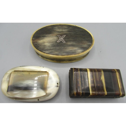 1107 - 19th century horn snuff box in rectangular form with hinged lid, W7cm, oval shaped horn snuff box wi... 