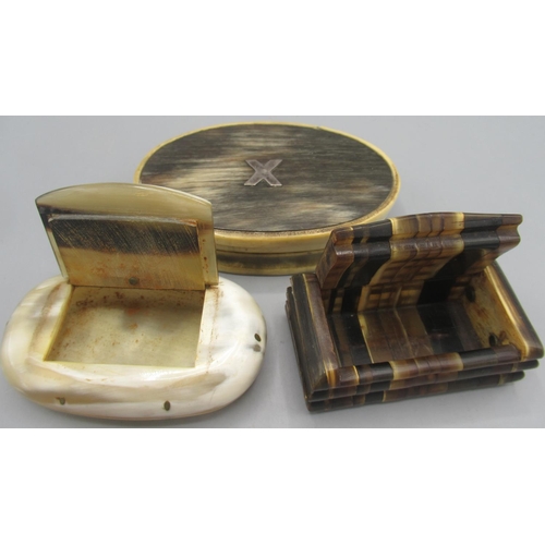 1107 - 19th century horn snuff box in rectangular form with hinged lid, W7cm, oval shaped horn snuff box wi... 