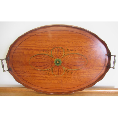 1095 - Edwardian Sheraton Revival satinwood oval tray, painted with scrolls and foliage, shaped gallery wit... 