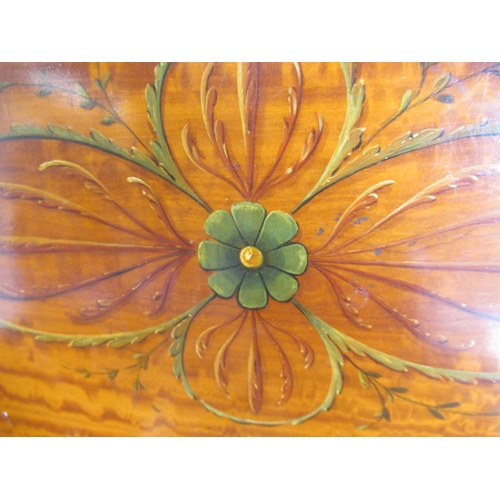 1095 - Edwardian Sheraton Revival satinwood oval tray, painted with scrolls and foliage, shaped gallery wit... 