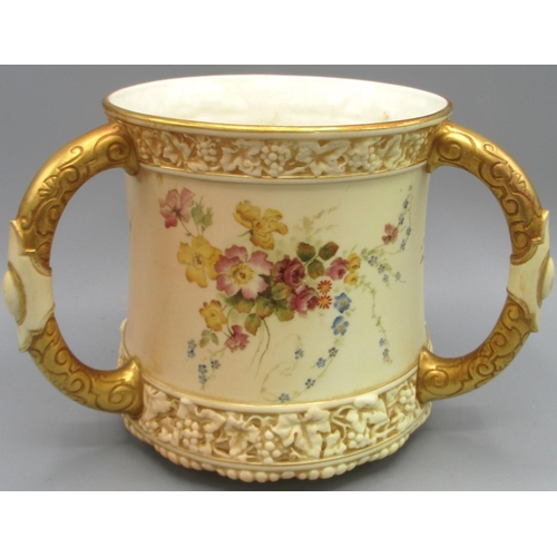 1204 - Large Royal Worcester three handled Tyg, waisted body painted with wild flower sprays in moulded gil... 