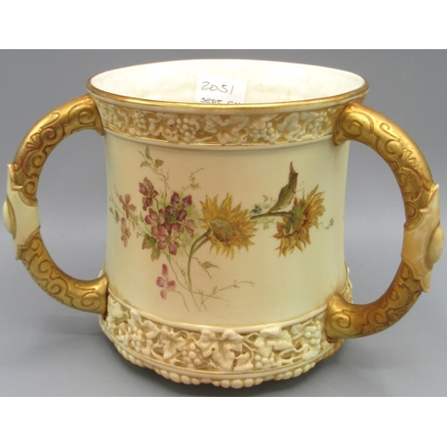 1204 - Large Royal Worcester three handled Tyg, waisted body painted with wild flower sprays in moulded gil... 