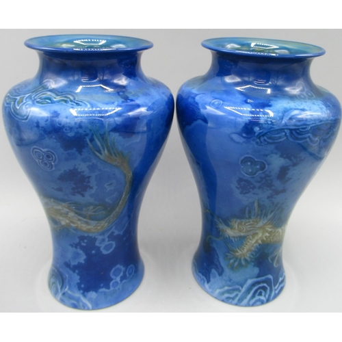 Pair of Royal Worcester Sabrina Ware vases, baluster bodies decorated with dragons in clouds, printed marks No.2195 date code for 1913, H20cm (2)