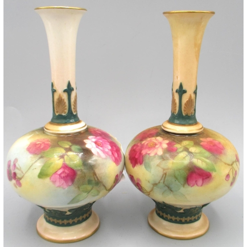 1214 - Pair of Royal Worcester Hadley's vases, mallet shaped bodies painted with flowers, printed marks F11... 