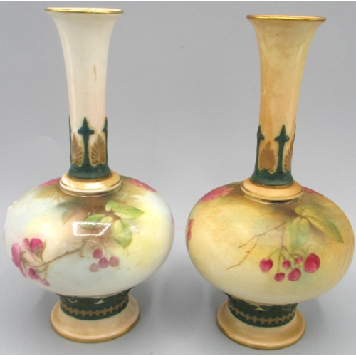 1214 - Pair of Royal Worcester Hadley's vases, mallet shaped bodies painted with flowers, printed marks F11... 