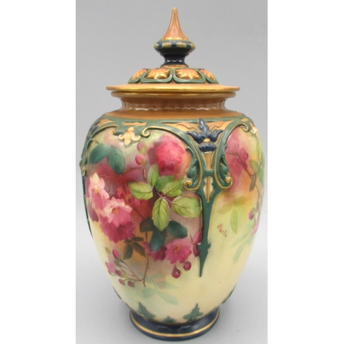 1203 - Royal Worcester Hadley's vase and cover, ovoid body painted with wild flowers by R. Austin, printed ... 