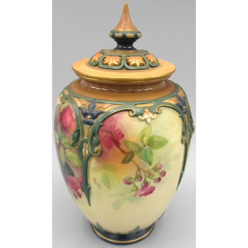 1203 - Royal Worcester Hadley's vase and cover, ovoid body painted with wild flowers by R. Austin, printed ... 