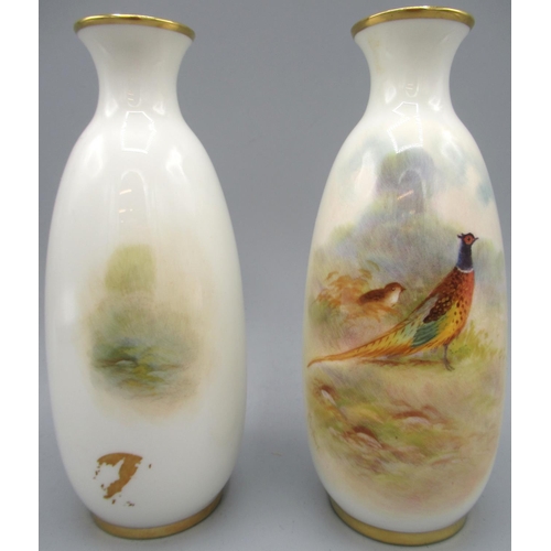 1224 - Pair of Royal Worcester vases, ovoid bodies painted with cock and hen Pheasant, shape 2491, date cod... 