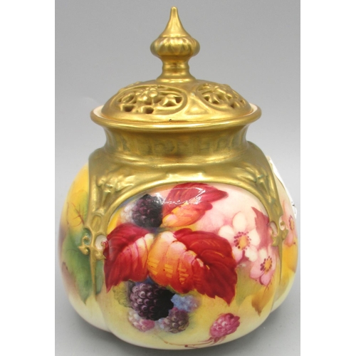 1215 - Royal Worcester lobed ovoid pot pourri vase and cover, painted, with blackberries and flowers by Kit... 