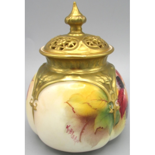 1215 - Royal Worcester lobed ovoid pot pourri vase and cover, painted, with blackberries and flowers by Kit... 