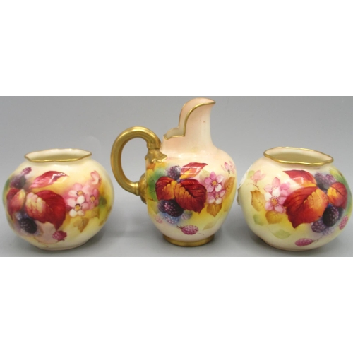 1211 - Pair of Royal Worcester globular vases, painted with blackberries and flowers by Kitty Blake, No.G16... 