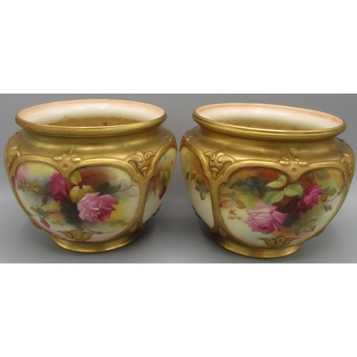 1213 - Pair of Royal Worcester jardinieres, tapered circular bodies painted with Roses, No.F132/H date code... 