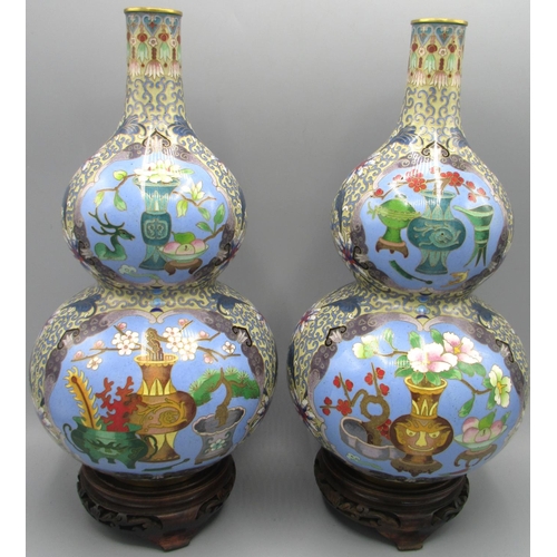 1088 - Pair of Chinese Cloisonne double gourd shaped vases, decorated with flower vases in blue reserve pan... 