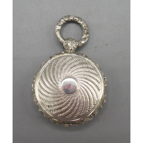 1053 - George IV silver fob vinaigrette in circular form, engine turned pattern, vacant cartouche, foliate ... 