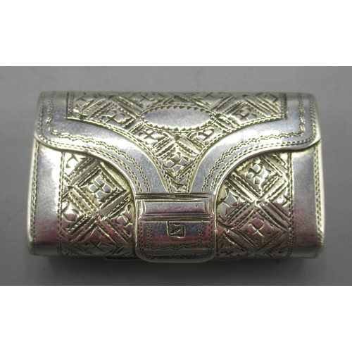 1052 - George III silver vinaigrette in the shape of a purse with chased decoration, gilt interior with fol... 