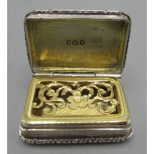 1061 - William IV silver vinaigrette with engine turned decoration, monogrammed cartouche, gilt interior wi... 