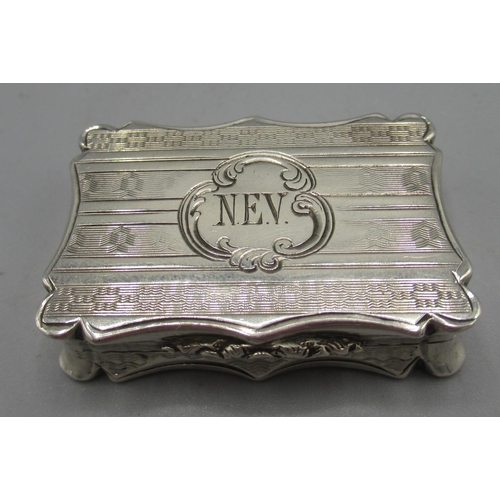 1062 - Victorian silver vinaigrette with bands of engine turned pattern, monogrammed cartouche, serpentine ... 