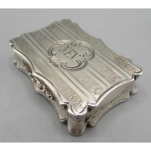 1062 - Victorian silver vinaigrette with bands of engine turned pattern, monogrammed cartouche, serpentine ... 