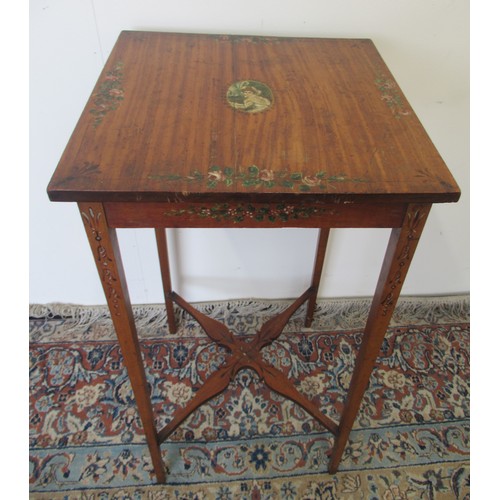 1428 - Edwardian Adam Revival satinwood occasional table, the top painted with rose sprays around a central... 