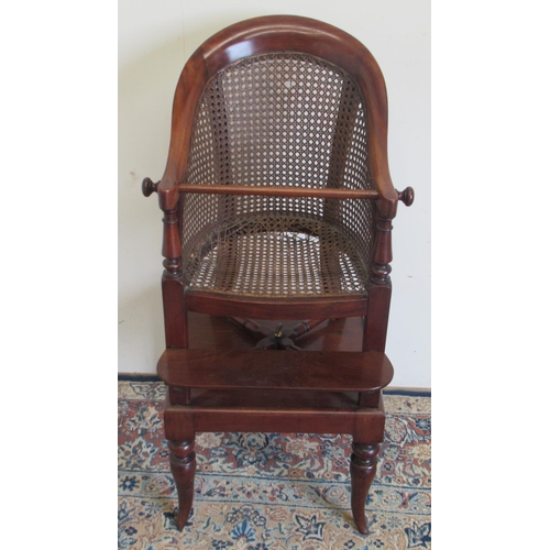 1447 - 19th century Childs mahogany correction or high chair, curved back and arms with bergere panels and ... 