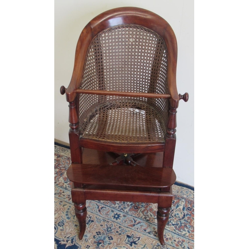 1447 - 19th century Childs mahogany correction or high chair, curved back and arms with bergere panels and ... 